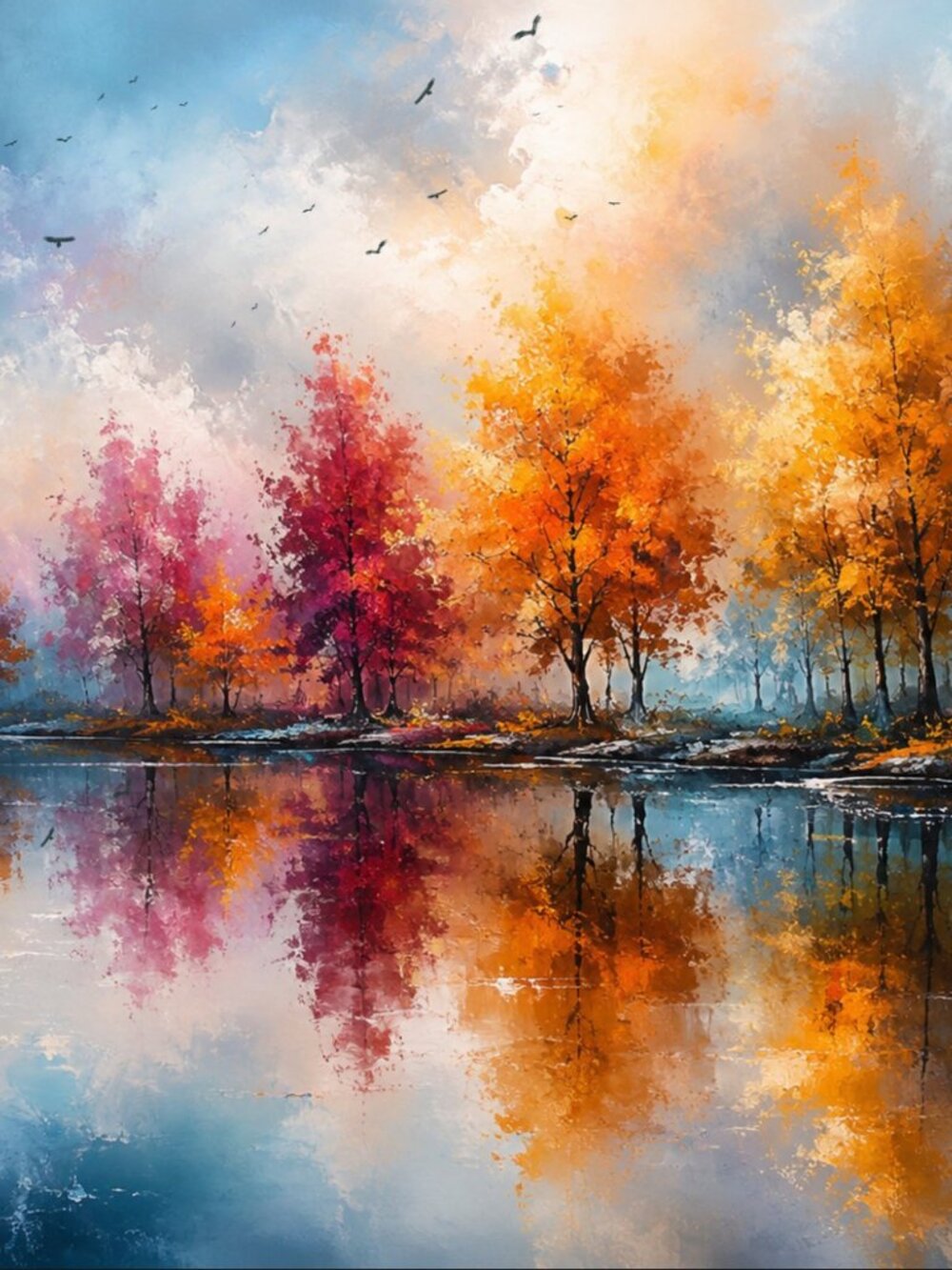 Autumn's Prismatic Mirror Art Print 36x24 Blue Gold Fall Landscape Wall Decor